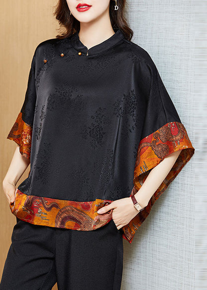 Black Mandarin Collar Asymmetrical Patchwork Jacquard Silk Shirts Batwing Sleeve
