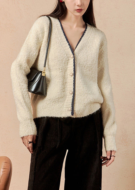 Simple Beige V Neck Button Knit Cardigan Winter
