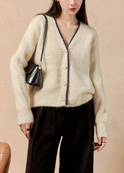 Simple Beige V Neck Button Knit Cardigan Winter
