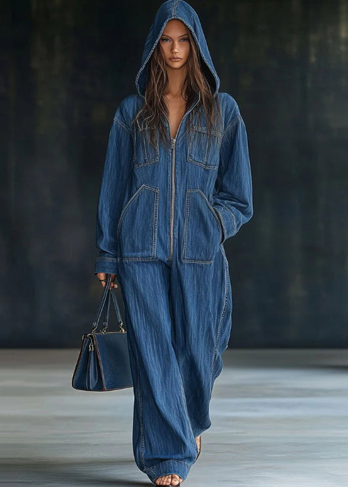Black Hooded Zippered Patchwork Denim Jumpsuit Fall