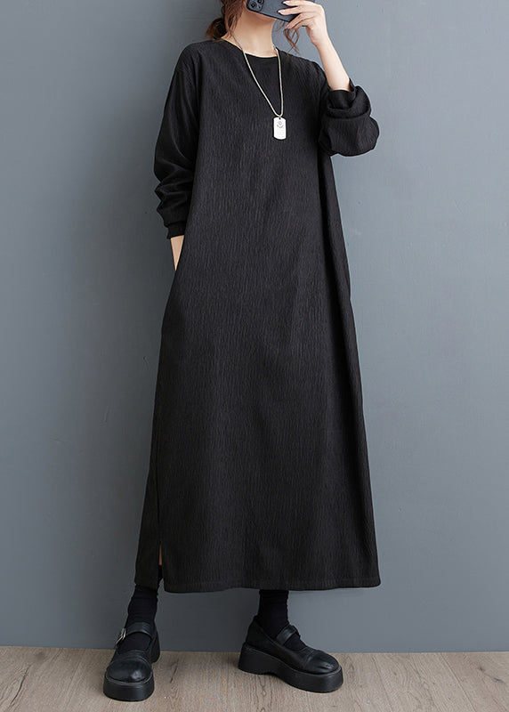 Simple Black O Neck Cotton Long Dress Fall