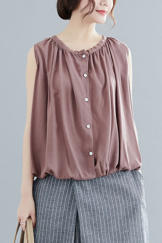 Summer Loose Sleeveless T-shirt Open Top Pleated Tank Top