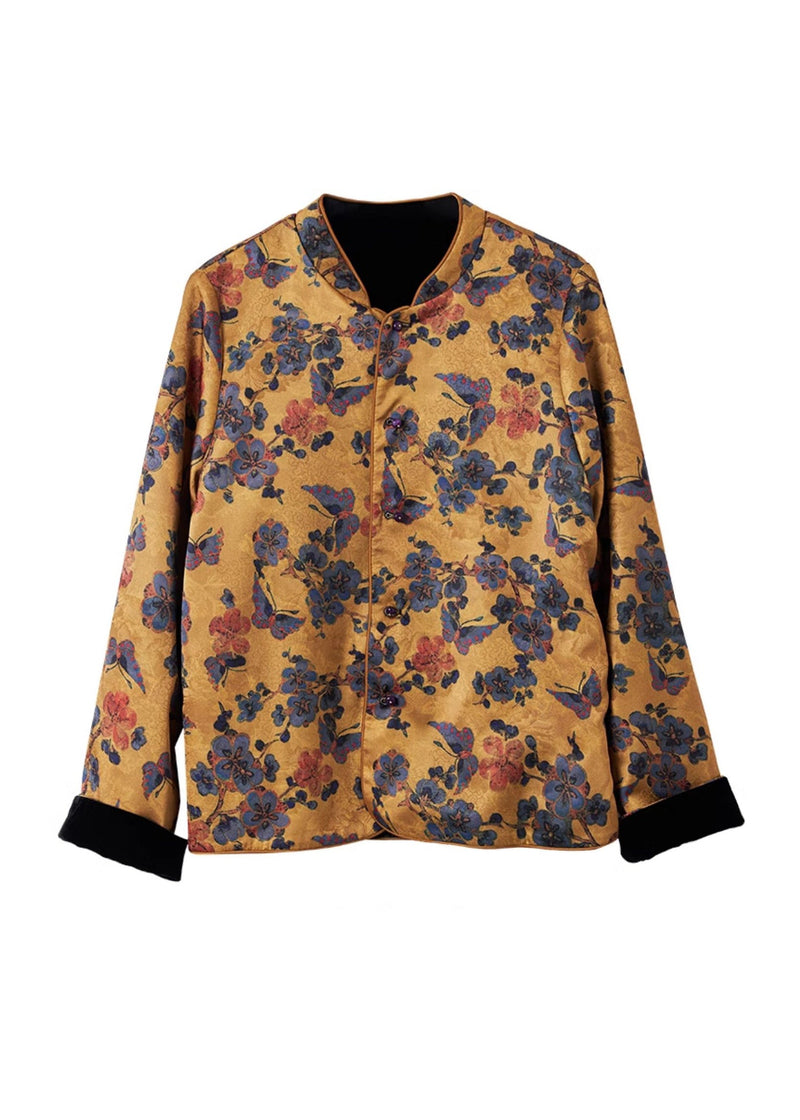 Chinese Style Yellow Stand Collar Jacquard Silk Coats Spring