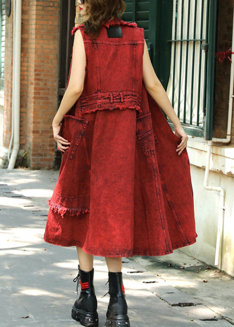 Red Peter Pan Collar Patchwork Long Waistcoat Summer