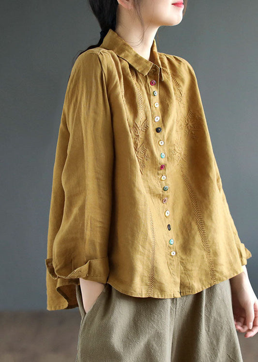 Yellow Peter Pan Collar Embroidered Linen Blouse Tops Fall