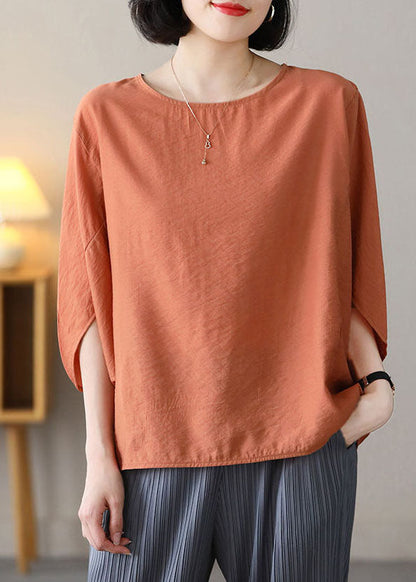 Orange Linen Loose Tank Top O-neck Batwing Sleeve