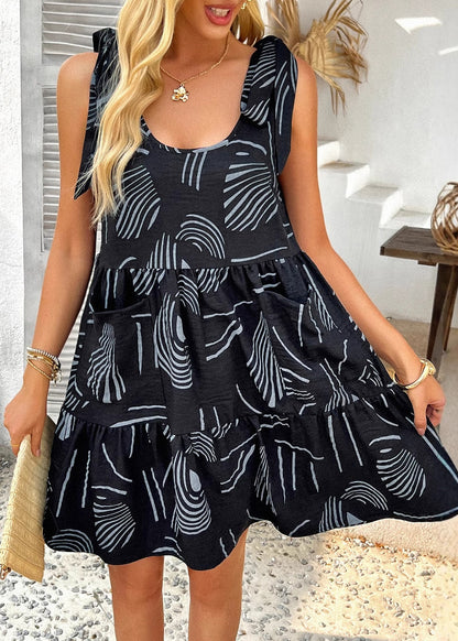 Black Lace Up Print Pockets Spaghetti Strap Dress Summer