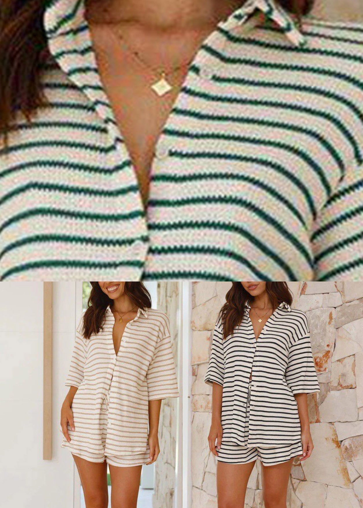 Green Patchwork Shirts and Shorts Two Piece Set Summer