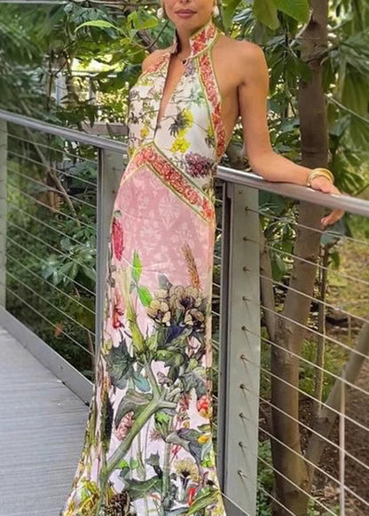Italian V Neck Print Backless Silk Vacation Dresses Sleeveless
