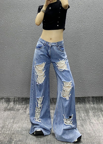 Blue Bead Decorated Pockets Ripped Denim Wide Leg Pants Fall