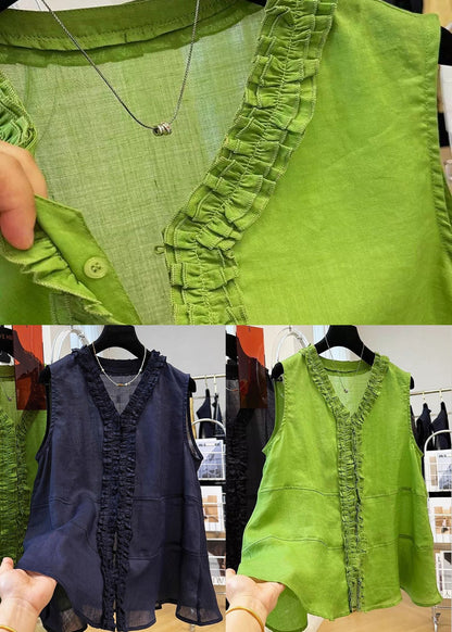 Loose Green V Neck Ruffled Cotton Shirt Sleeveless
