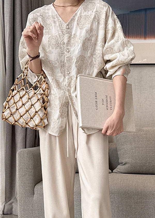 Apricot V Neck Jacquard Button Cotton Shirts Spring