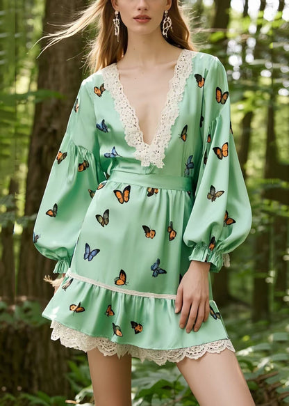 Fine Light Green Butterfly Patchwork Lace Silk Tea Dress Spring