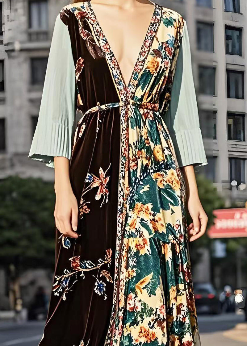 Boutique Deep-v Neck Patchwork Silk Velvet Holiday Dresses Bracelet Sleeve