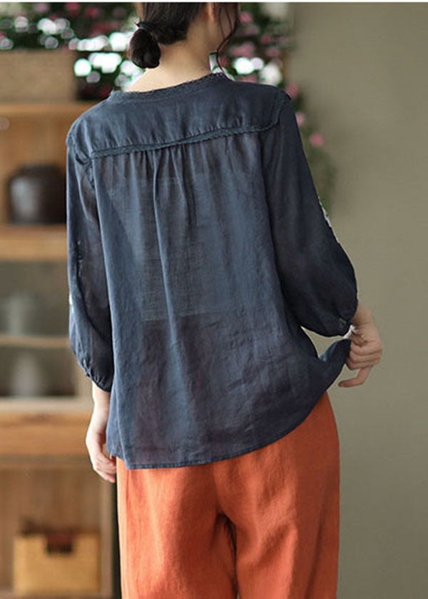 Navy Patchwork Linen Shirts Embroidered Button Bracelet Sleeve