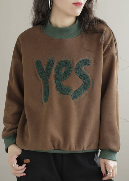 Yellow Embroidered Patchwork Warm Fleece Pullover Sweatshirt Spring