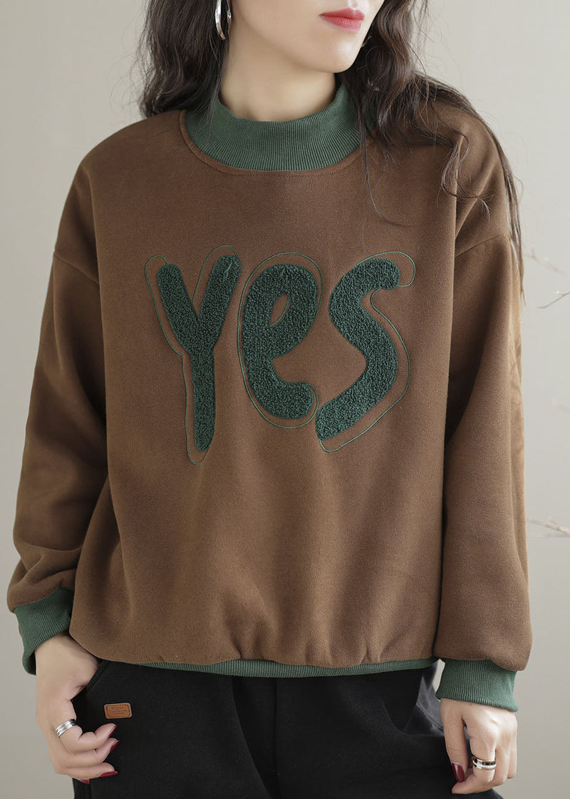 Yellow Embroidered Patchwork Warm Fleece Pullover Sweatshirt Spring