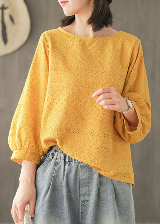 Diy Yellow Hollow Out Embroidered Fall Long Sleeve Tops