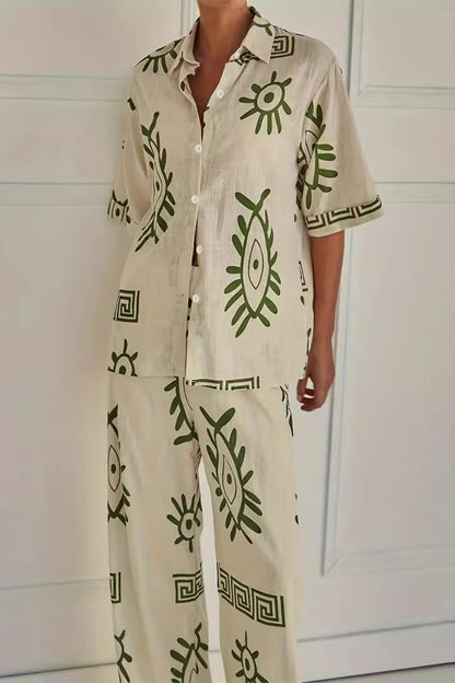 Geometric Print Buttons Turndown Collar Short Sleeve Two Pieces