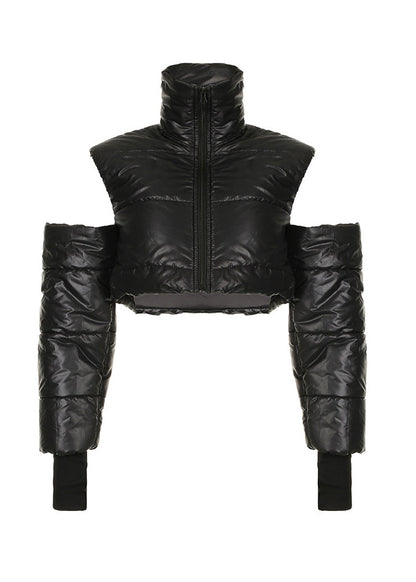 Stylish Black Stand Collar Cold Shoulder Fine Cotton Filled Jackets Winter