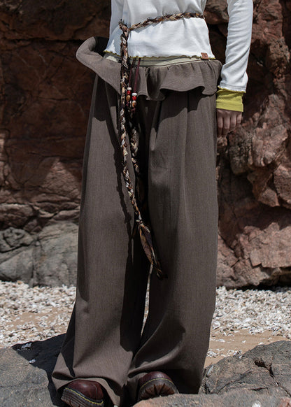 Brown Knit Patchwork Elastic Waist Wide Leg Pants Fall