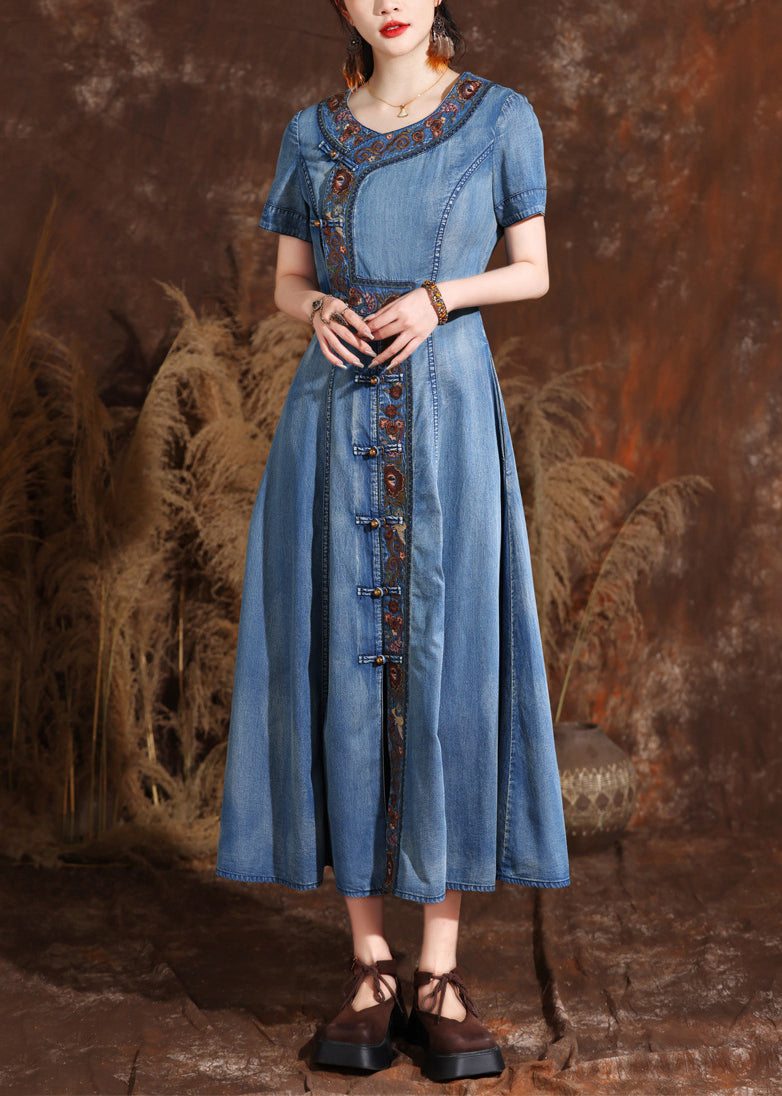 Handmade Light Blue O-neck Asymmetrical Embroidered Button Maxi Denim Dresses Summer