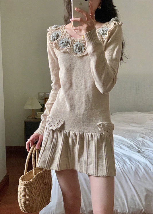 Apricot Hollow Out Patchwork Knit Mid Dress Winter