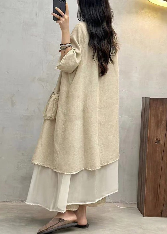 Apricot Loose Cotton Long Cardigan Pockets Half Sleeve