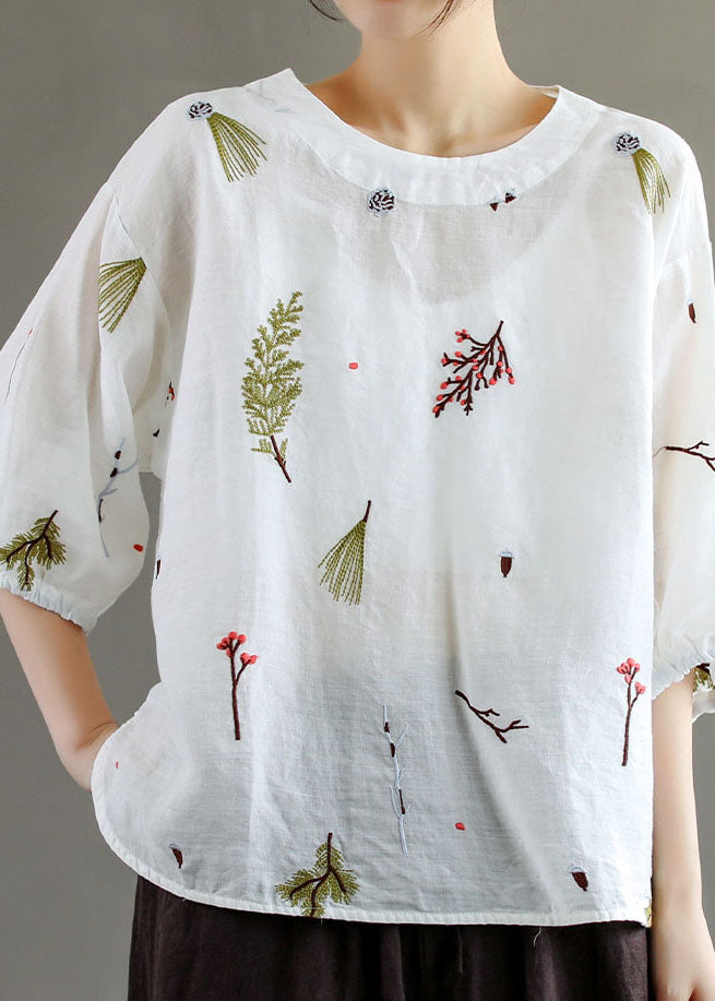 Yellow O-neck Embroidered Patchwork Linen T Shirts Summer