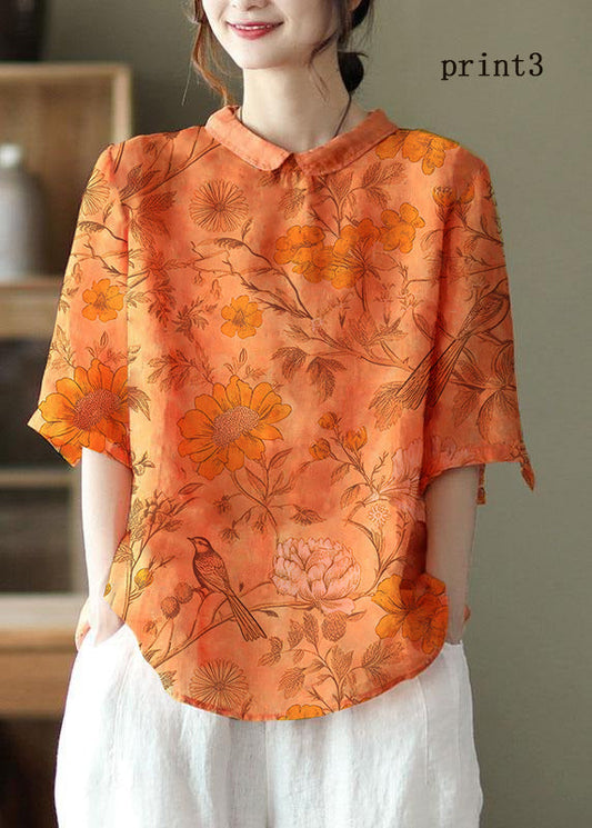 Diy Orange Print3 Ramie Half Sleeve Shirt Summer
