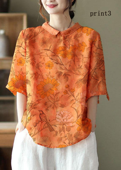 Diy Orange Print4 Ramie Half Sleeve Shirt Summer