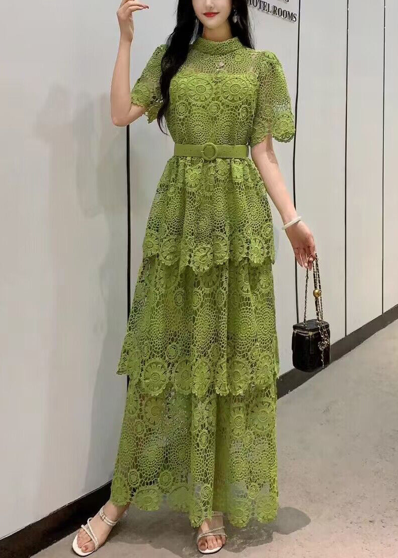 Yellow Embroidered Tie Waist Patchwork Lace Dress Summer