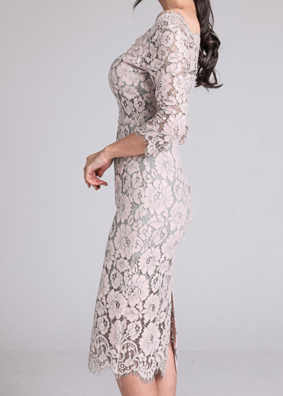 Beige Slash Neck Lace Slim Fit Dresses Spring