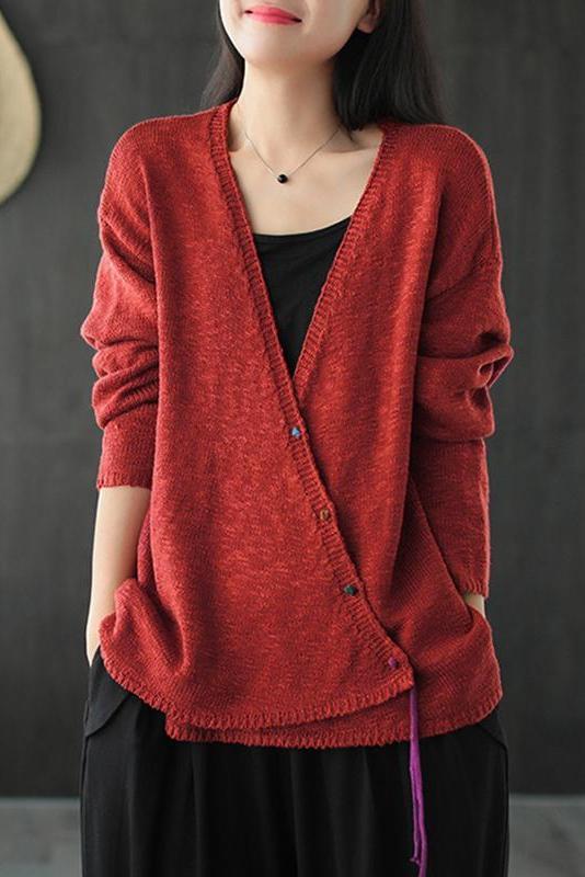 Knitted Retro Pure Color V-neck Sweater Coat