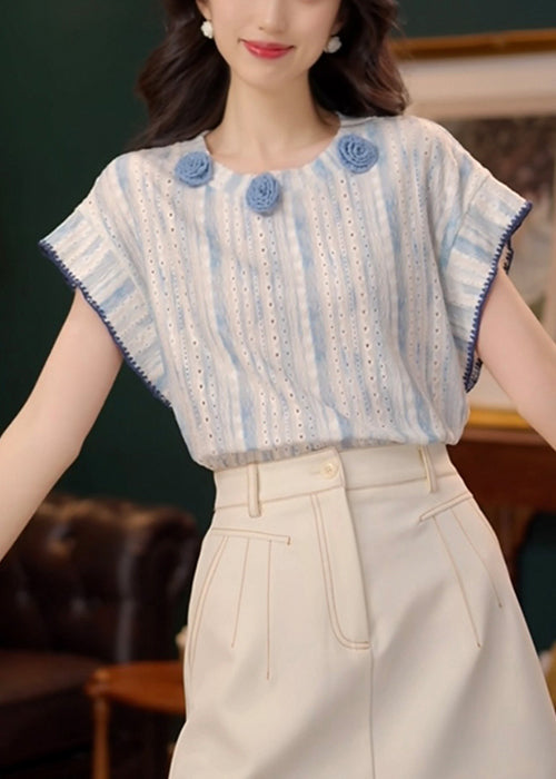Art Blue Hollow Out Cotton T Shirt Summer