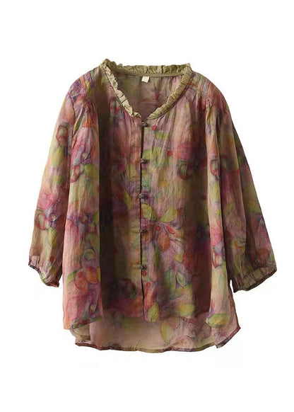 Pink-print3 V Neck Ruffled Print Linen Blouse Top Half Sleeve