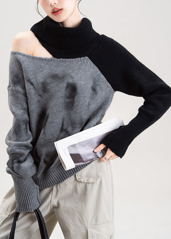 Red Cold Shoulder Patchwork Knit Sweaters Fall