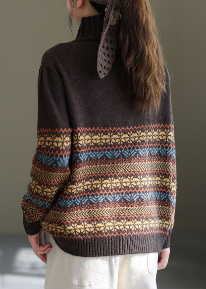 Chocolate Turtle Neck Print Knit Short Sweater Spring
