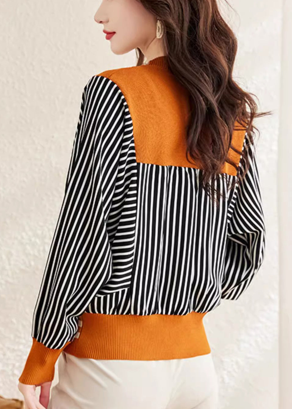 Orange V Neck Striped Button Woolen Sweater Spring