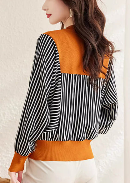 Orange V Neck Striped Button Woolen Sweater Spring