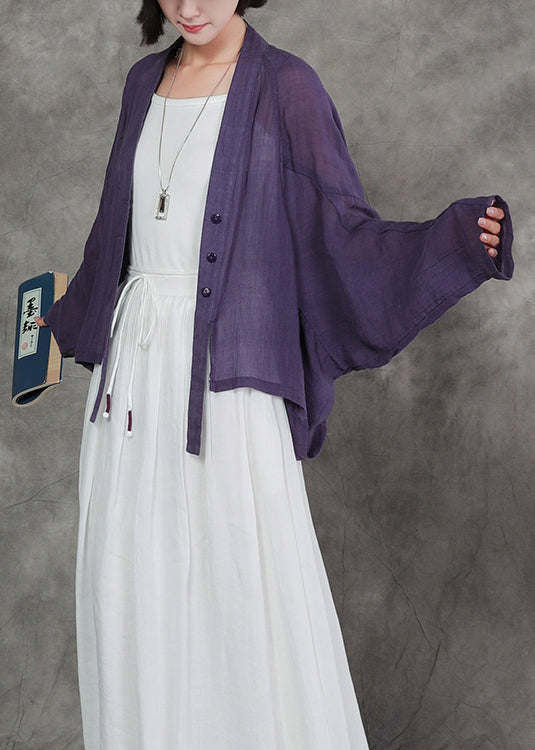 New Original Purple V Neck Linen Cardigan Bat Sleeves