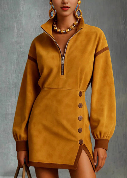 New Yellow High Neck Zip Up Patchwork Cotton Mini Dress Fall