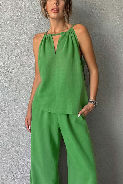 Tie-up Cutout Cotton Tank Top Long Pants Suits