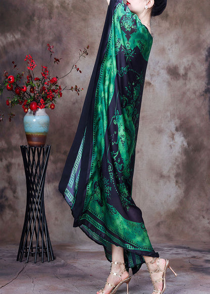 Loose Green O-neck Asymmetrical Design Print Silk Beach Dress Gown Batwing Sleeve