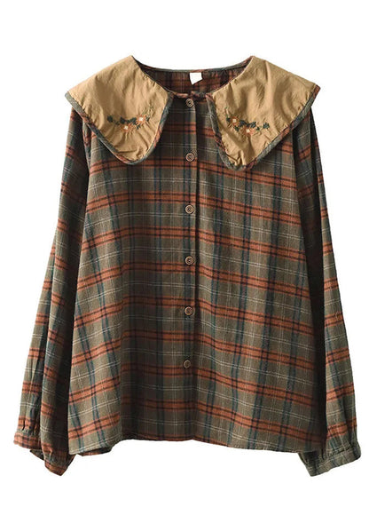 Art Green Plaid Embroidered Cotton Blouses Spring