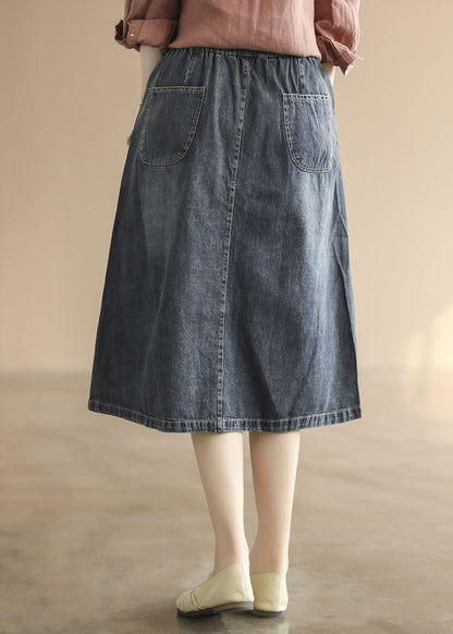Dark Blue Elastic Waist Embroidered Cotton Denim Ripped Skirts Summer