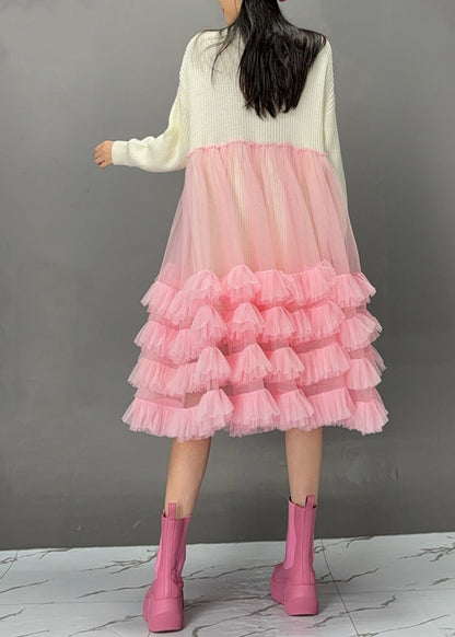 White O-neck Sequins Knit Patchwork Tulle Maxi Cake Dress Fall