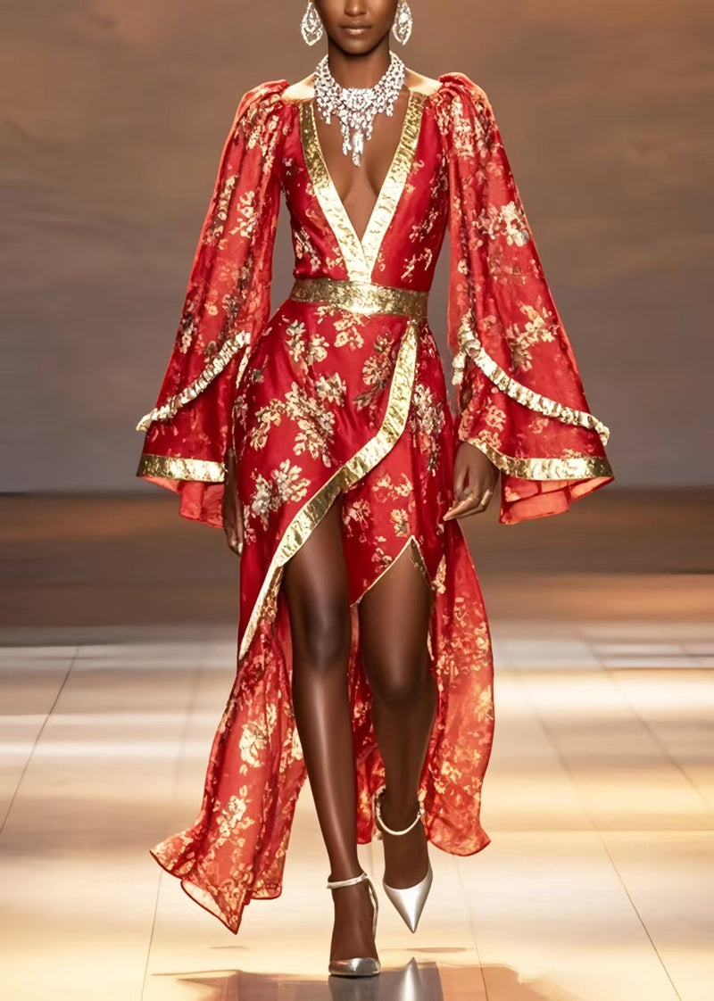 New Retro Chinese Red Asymmetrical Design Chiffon Wedding Dress Flare Sleeve
