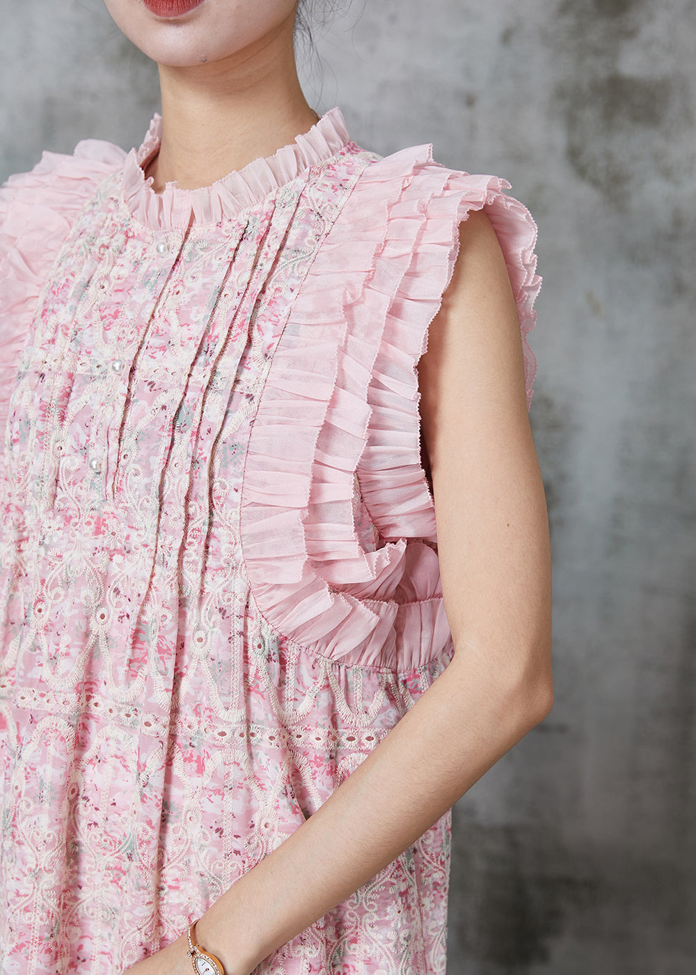 Pink Embroidered Wrinkled Silk Dress Summer