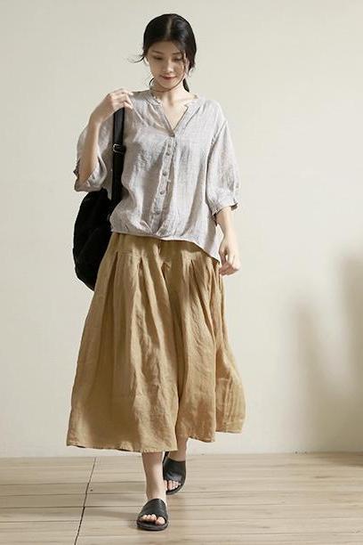 Khaki Linen Wide-leg Pants Summer Loose Trousers